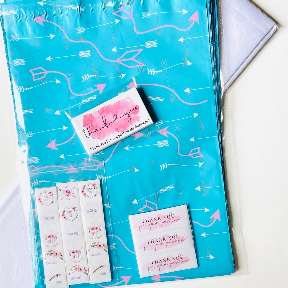 130pc Shipping Kit, poly mailers, thank you stickers and cards, tissue paper.